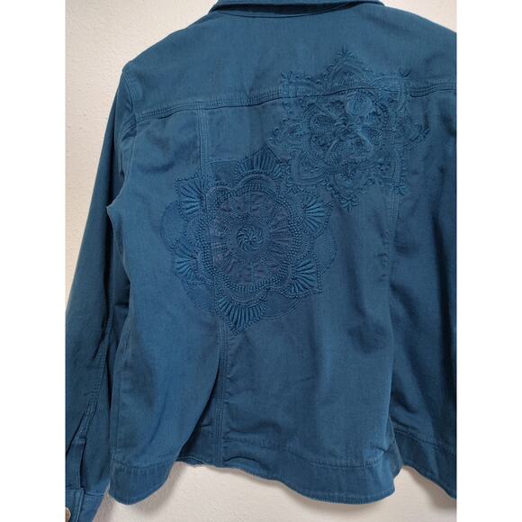 Chicos Size 2 Turquoise Blue Embroidered Long Sleeve Button Front Denim Jacket - Picture 5 of 12